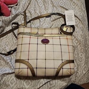 Coach Cream and Gold Plaid Crossbody Bag